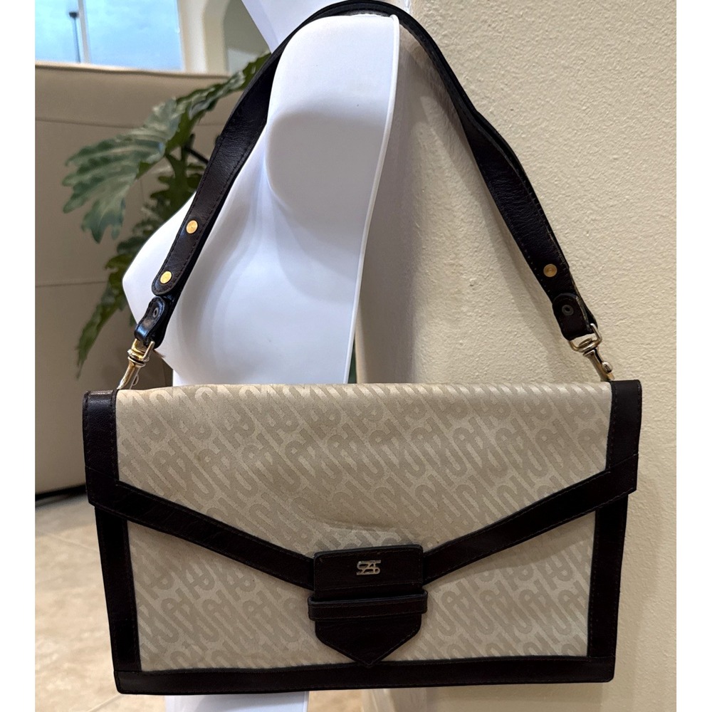 VTG Andre Sauzaie Beige Canvas Brown Leather Trim Purse Clutch 60s Paris Career